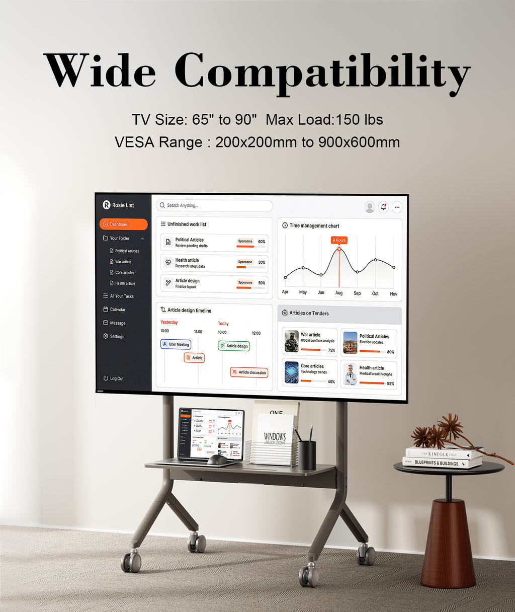 NB ERGONOMIC Motorized Mobile FCC Qualified  TV Cart for 65-90 Inch Flat Screens, Electric Height Adjustable TV Stand, Heavy Duty Rolling Trolley for Smart Board150 lbs Capacity, P150
