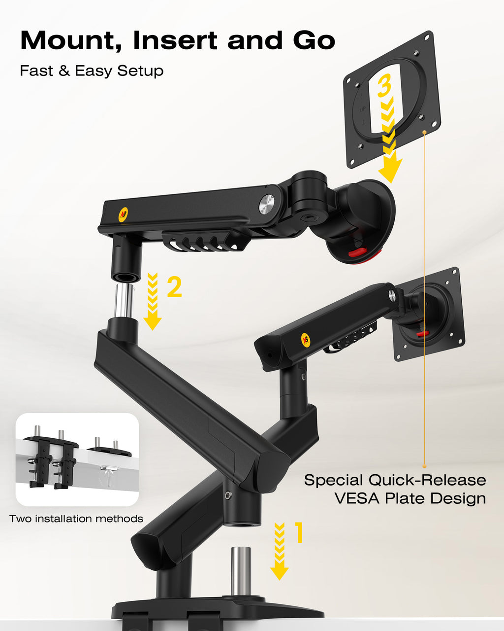 NB SmooVex™ Dual Monitor Mount, Dual Monitor Stand fits up to 32 Inch, Mechanical Spring Monitor Arm, VESA 75/100 mm, Model-A5C (Black)