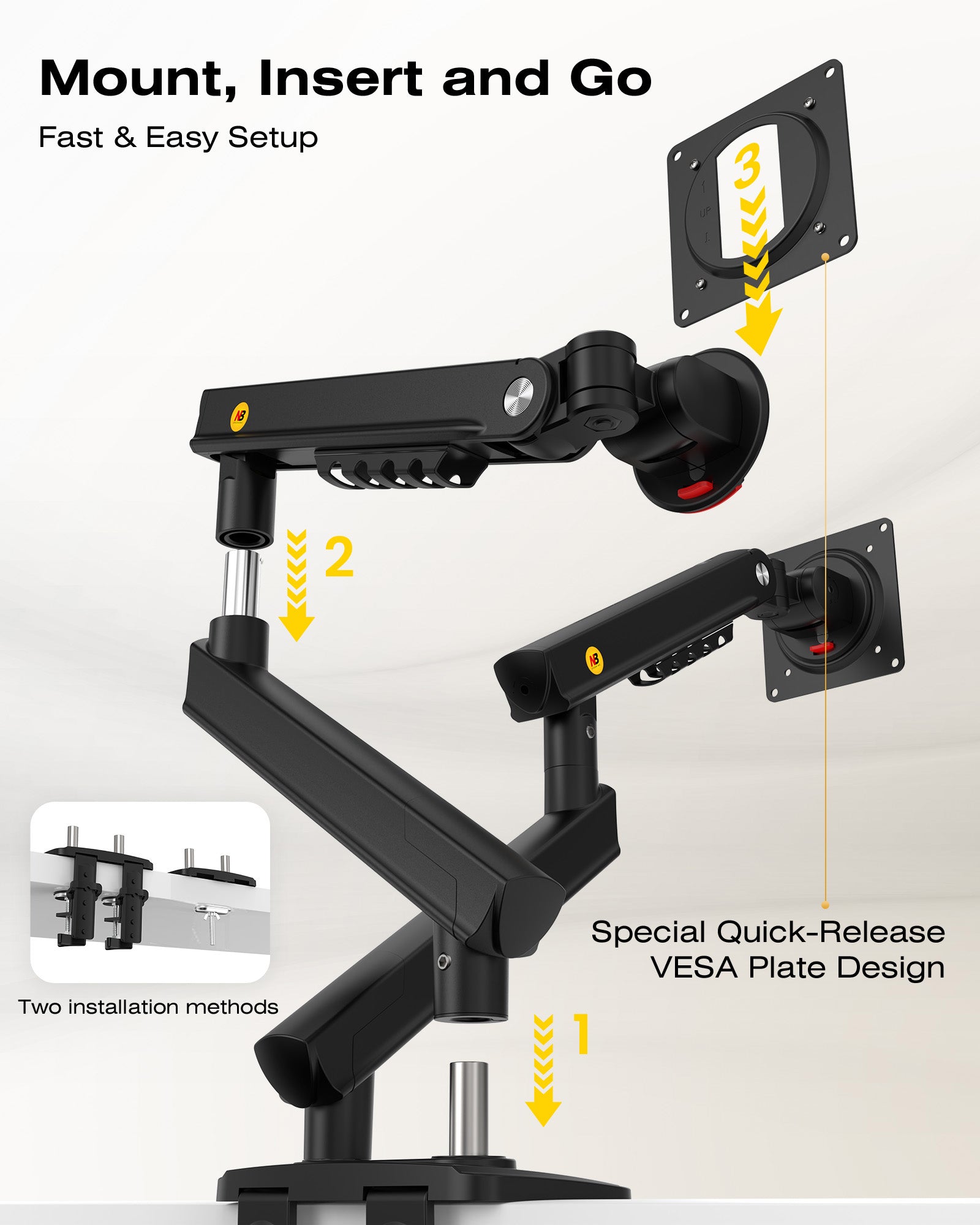 NB SmooVex™ Dual Monitor Mount, Dual Monitor Stand fits up to 32 Inch, Mechanical Spring Monitor Arm, VESA 75/100 mm, Model-A5C (Black)